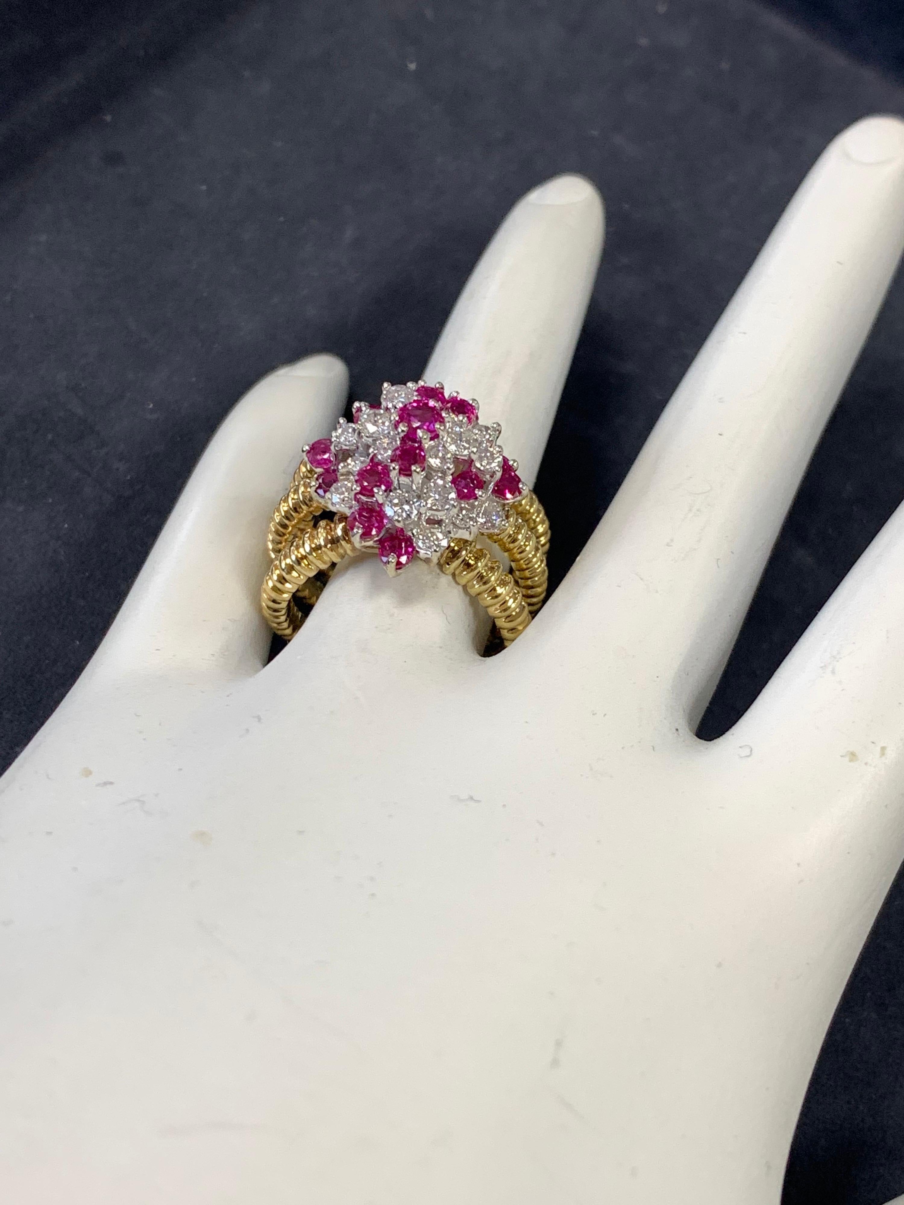 Round Cut Retro Gold 2 Carat Natural Ruby Gem & Colorless Diamond Cocktail Ring Circa 1960 For Sale