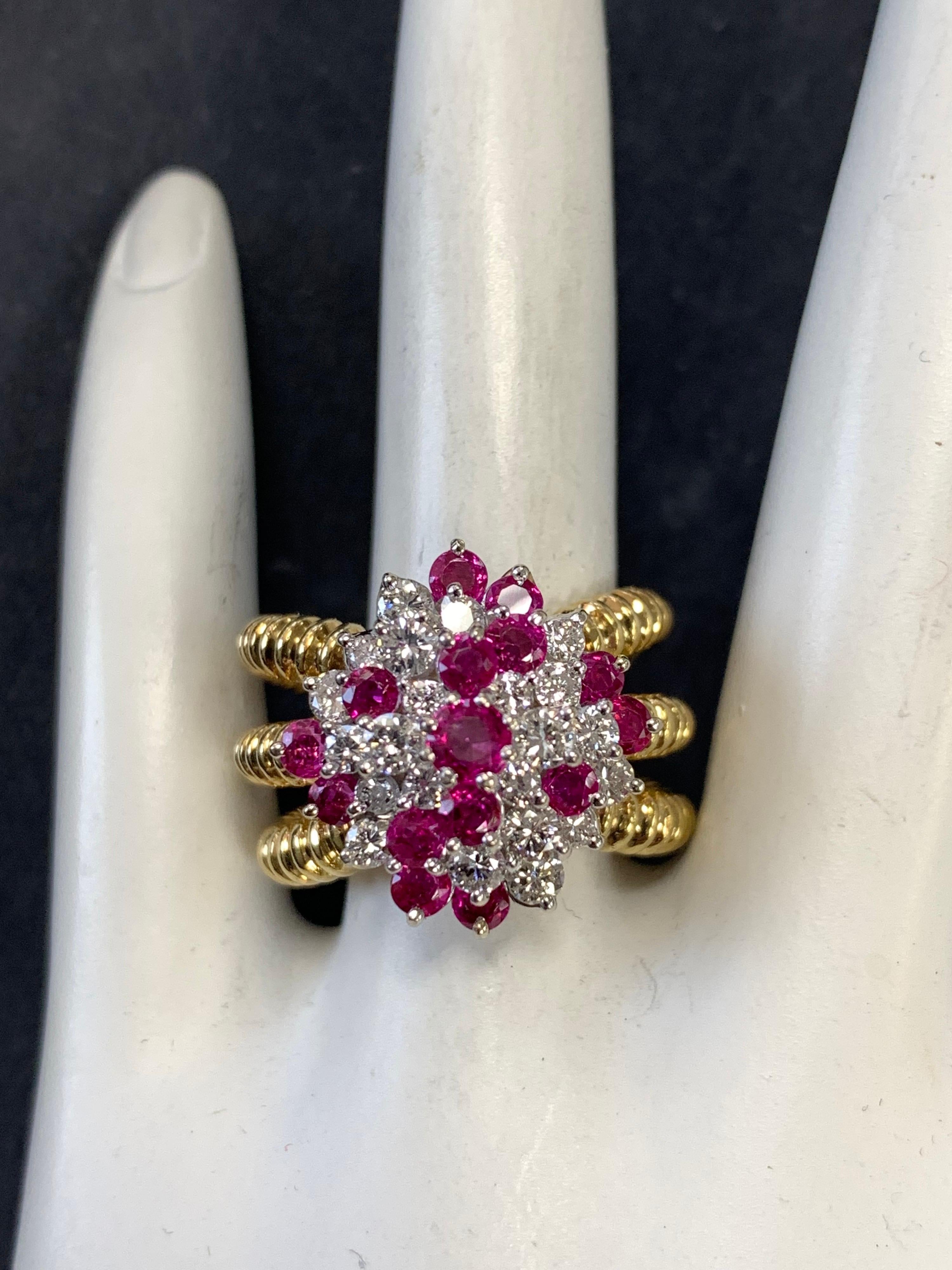 Retro Gold 2 Carat Natural Ruby Gem & Colorless Diamond Cocktail Ring Circa 1960 In Excellent Condition For Sale In Los Angeles, CA