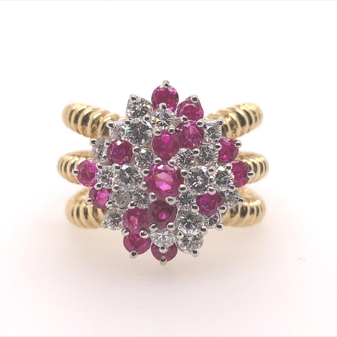 Women's Retro Gold 2 Carat Natural Ruby Gem & Colorless Diamond Cocktail Ring Circa 1960 For Sale