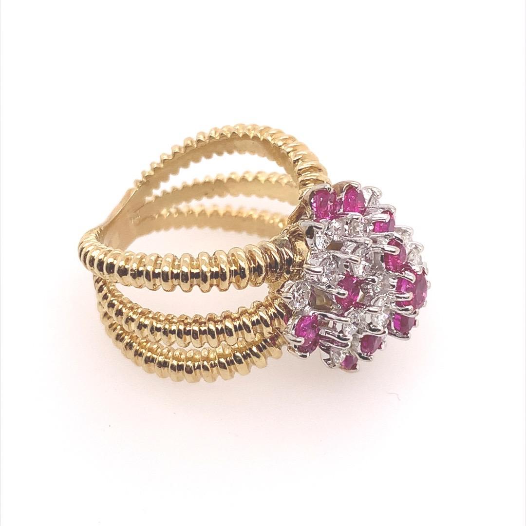 Retro Gold 2 Carat Natural Ruby Gem & Colorless Diamond Cocktail Ring Circa 1960 For Sale 1