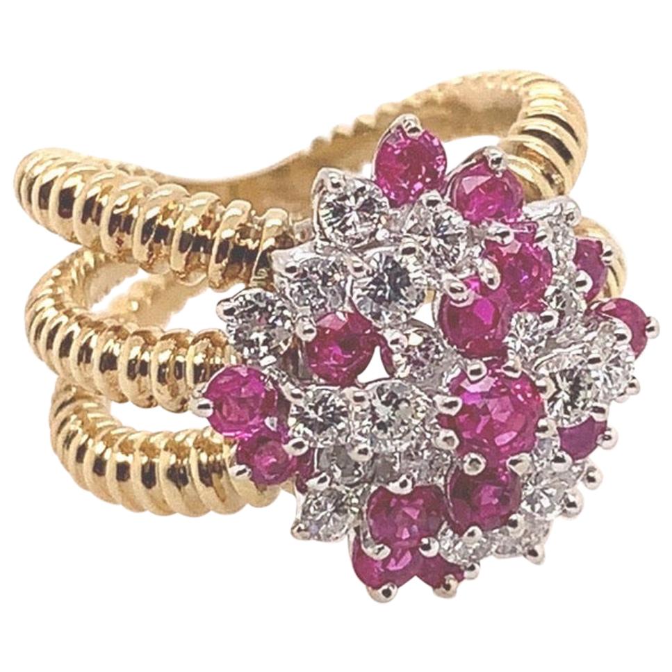 Retro Gold 2 Carat Natural Ruby Gem & Colorless Diamond Cocktail Ring Circa 1960 For Sale