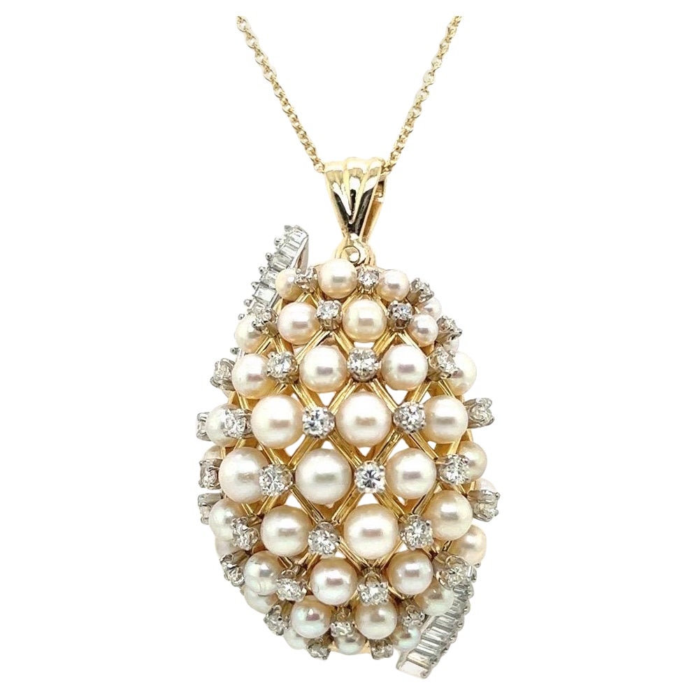 Retro Gold 2,2 Karat natürlicher farbloser Diamant & Perlen-Anhänger Brosche Circa 1960