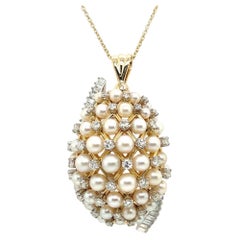 Retro Gold 2,2 Karat natürlicher farbloser Diamant & Perlen-Anhänger Brosche Circa 1960