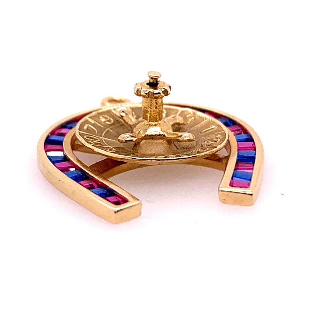 Retro Gold 2.2 Carat Natural Ruby & Sapphire Horseshoe & Roulette Wheel Pendant  In Good Condition In Los Angeles, CA