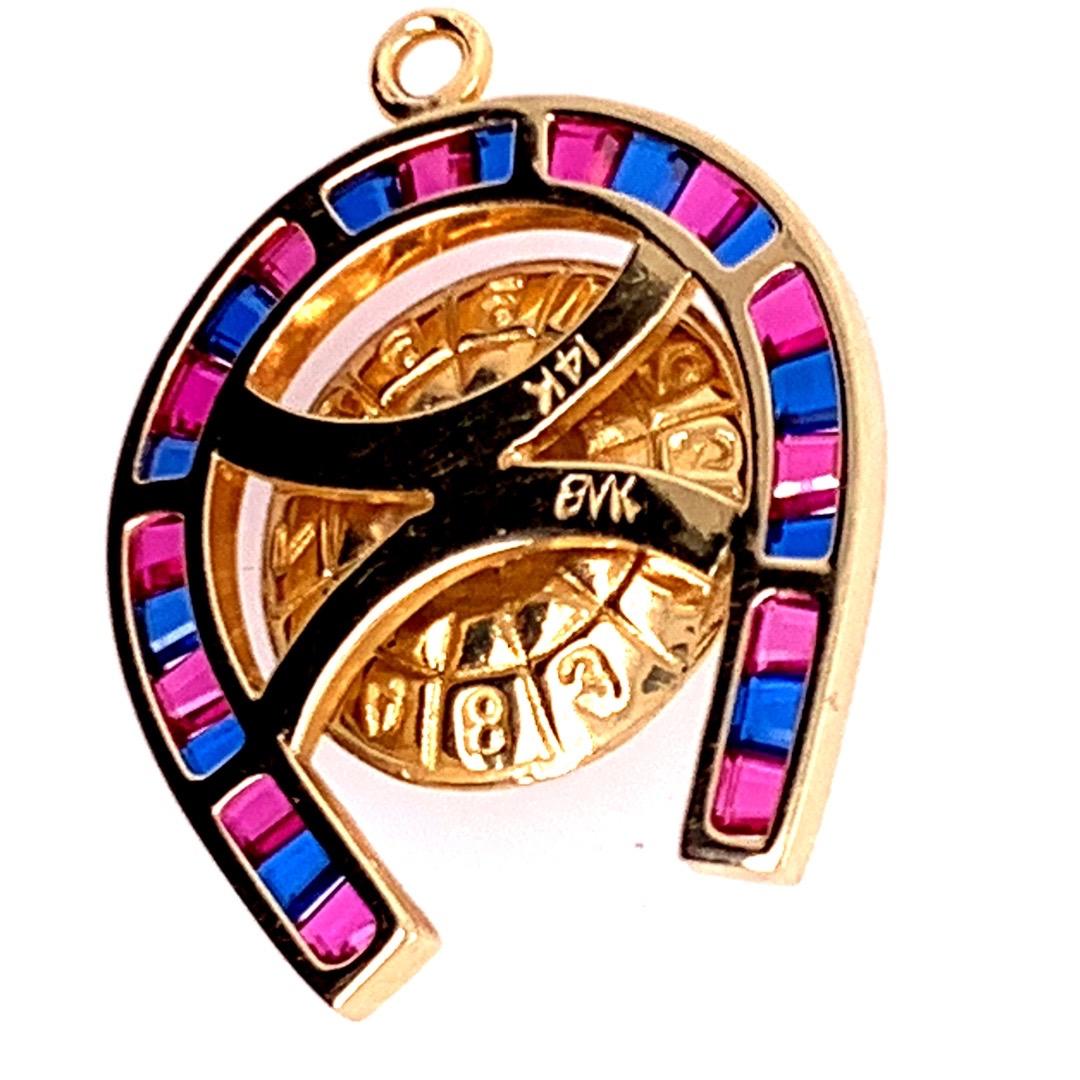 Women's or Men's Retro Gold 2.2 Carat Natural Ruby & Sapphire Horseshoe & Roulette Wheel Pendant 