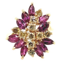 Retro-Cocktailring aus Gold mit 2,45 Karat natürlichem gelbem Diamant und rotem Rubin, um 1950