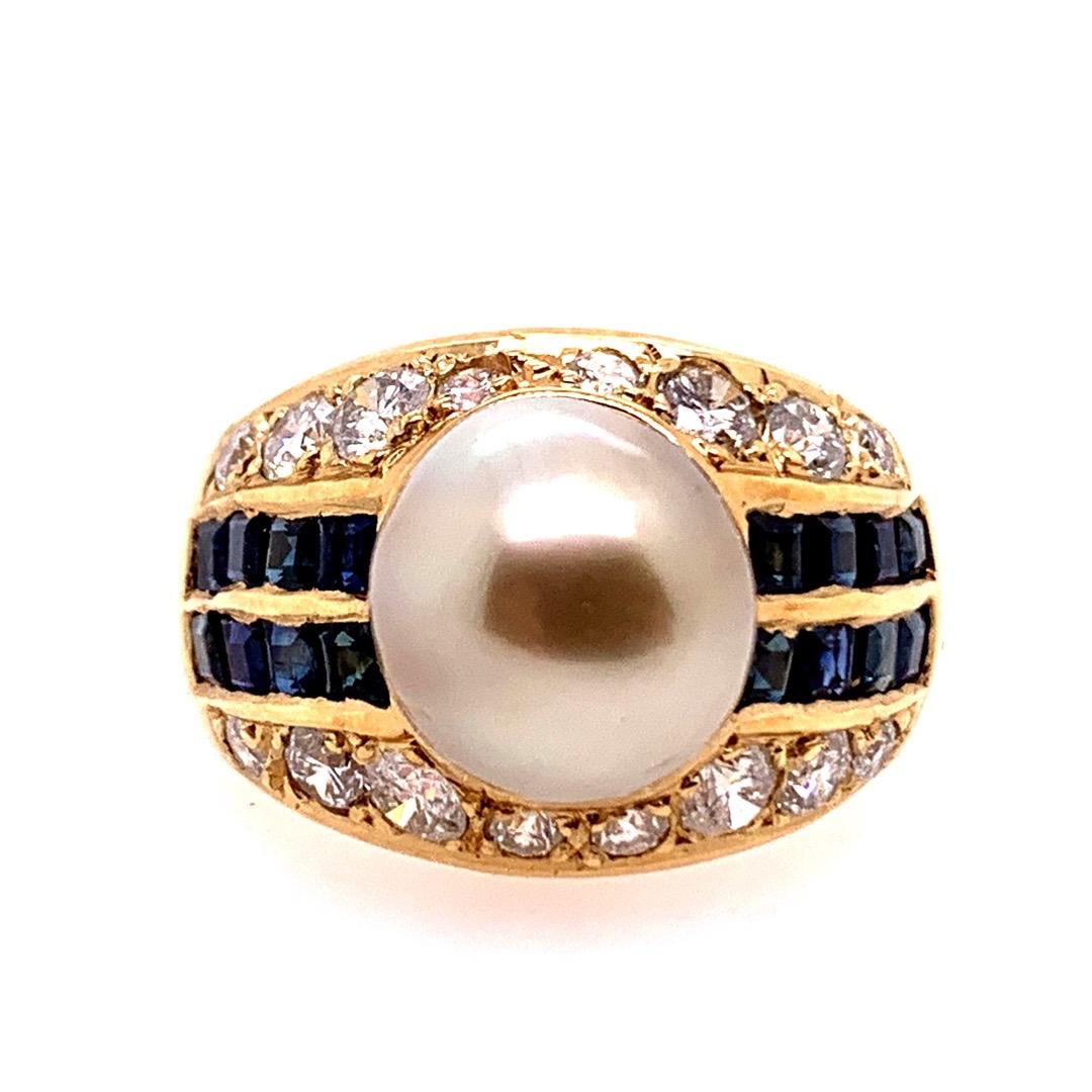 Retro Gold 2.50 Carat Natural Diamond Sapphire & Pearl Cocktail Ring, circa 1950 In Good Condition For Sale In Los Angeles, CA