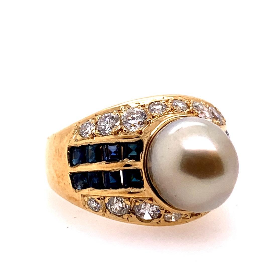 Women's Retro Gold 2.50 Carat Natural Diamond Sapphire & Pearl Cocktail Ring, circa 1950 For Sale