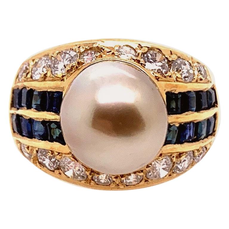 Retro Gold 2.50 Carat Natural Diamond Sapphire & Pearl Cocktail Ring, circa 1950