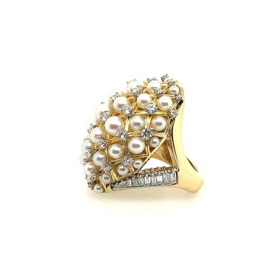 Round Cut Retro Gold 2.52 Carat Natural Colorless Diamond & Pearl Cocktail Ring Circa 1960 For Sale