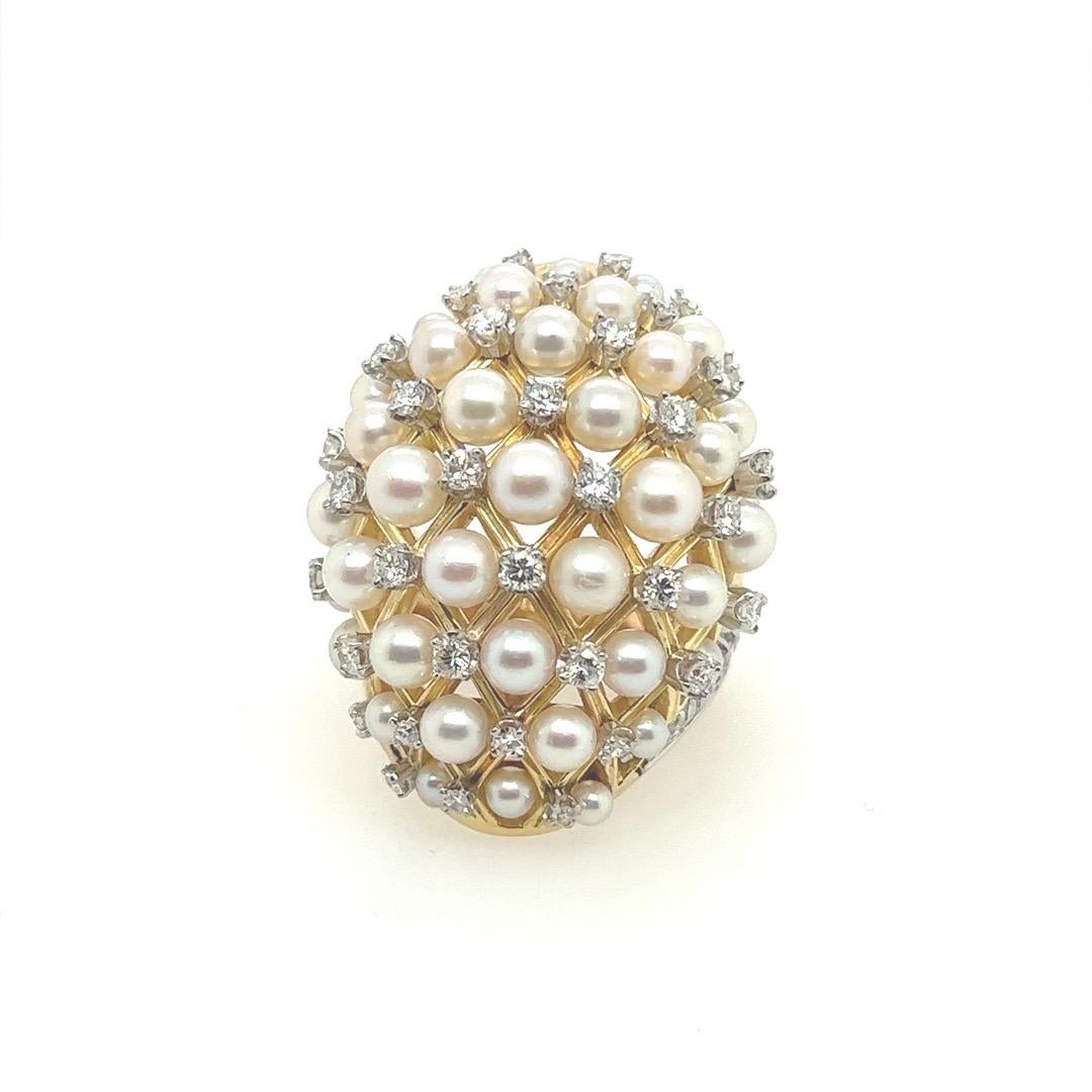 Retro Gold 2.52 Carat Natural Colorless Diamond & Pearl Cocktail Ring Circa 1960 In Good Condition For Sale In Los Angeles, CA