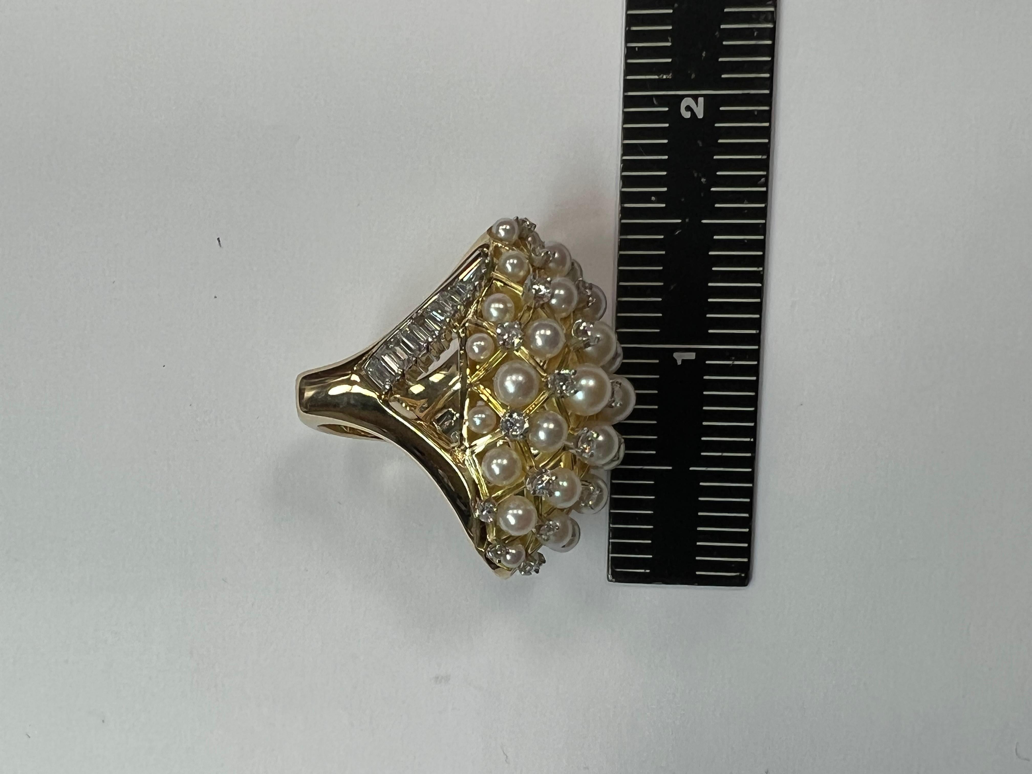 Retro Gold 2.52 Carat Natural Colorless Diamond & Pearl Cocktail Ring Circa 1960 For Sale 1