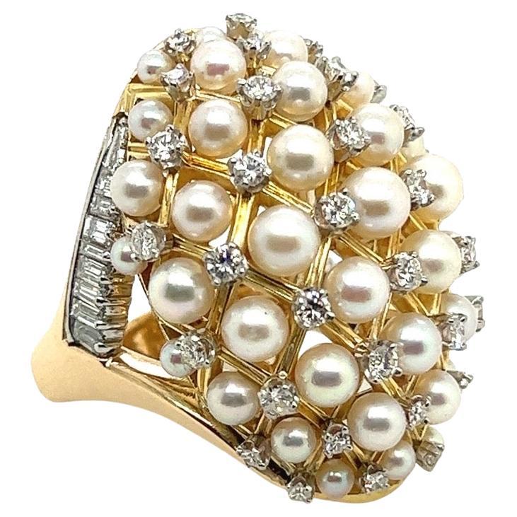 Retro Gold 2.52 Carat Natural Colorless Diamond & Pearl Cocktail Ring Circa 1960 For Sale