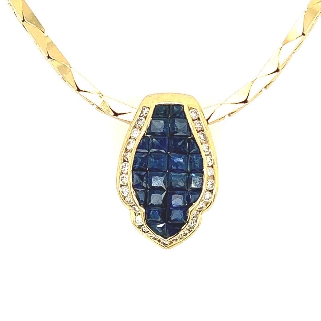 Retro Gold 2.92 Carat Natural Blue Sapphire and Round Diamond Pendant Circa 1960 For Sale 1