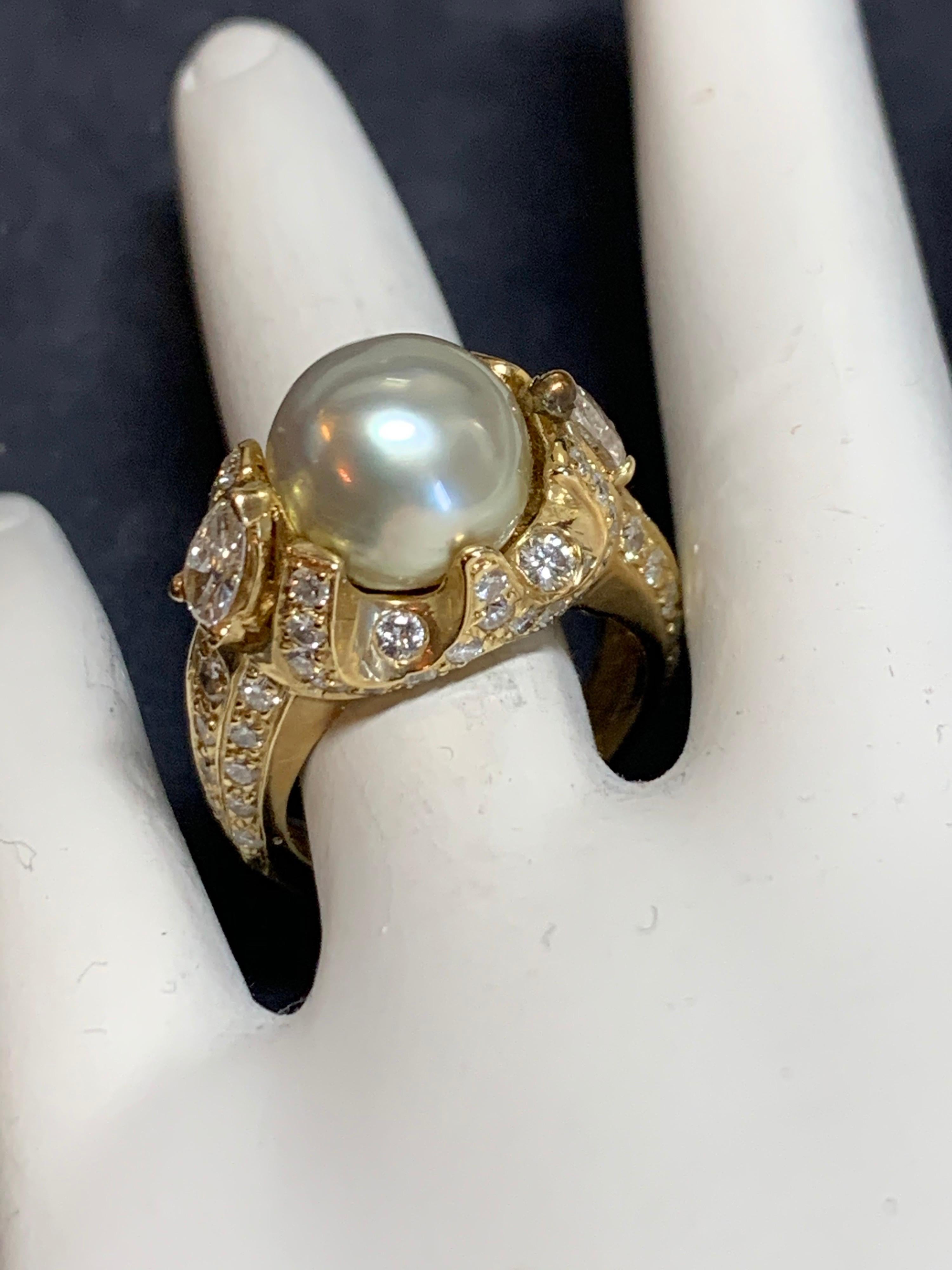 Retro Gold 3 Carat Cocktail Ring Natural Diamonds and Pearl Gem, circa 1960 For Sale 5