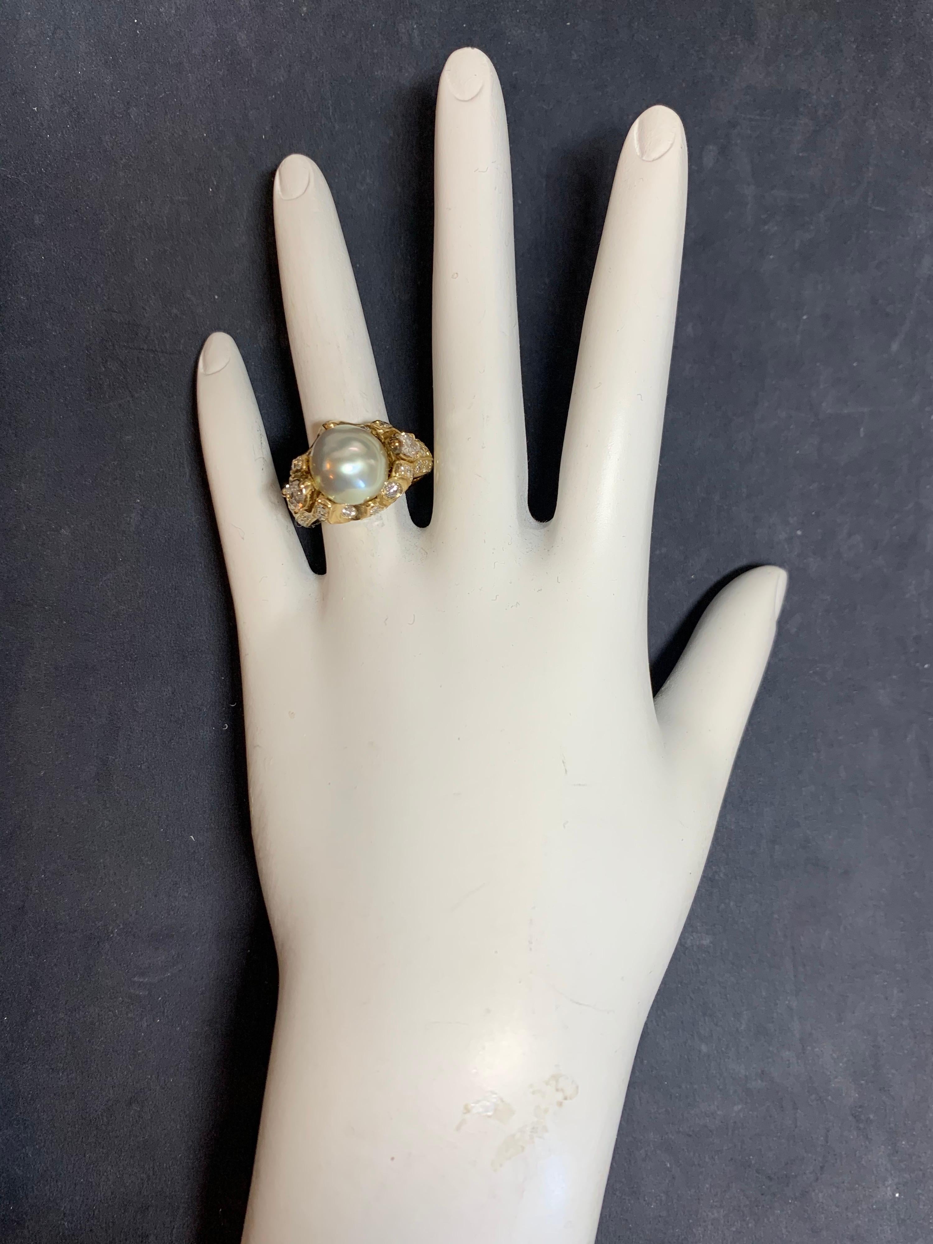 Retro 14k Yellow Gold 3 Carat Cocktail Ring set with Natural Diamonds & a 10.5mm Natural Pearl. 

The 66 natural round brilliant diamonds are approximately 2 carat, F-G color and VS clarity. 
The 2 natural pear shaped diamonds are approximately 1
