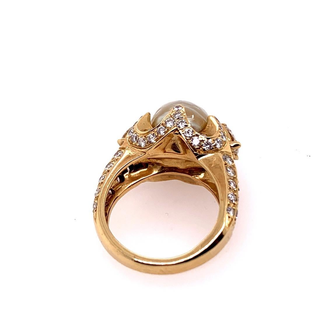 Retro Gold 3 Carat Cocktail Ring Natural Diamonds and Pearl Gem, circa 1960 In Good Condition For Sale In Los Angeles, CA