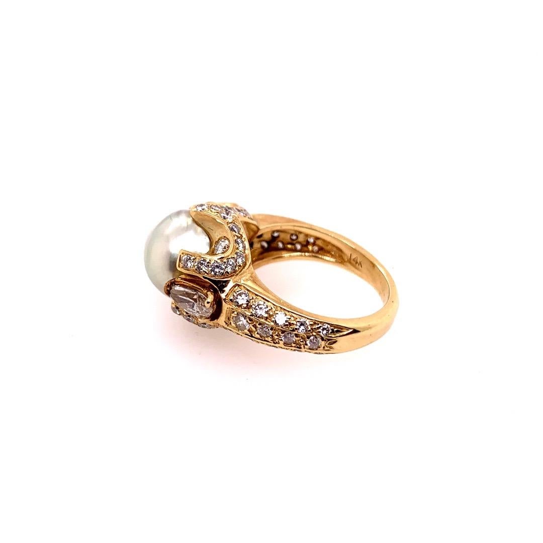Retro Gold 3 Carat Cocktail Ring Natural Diamonds and Pearl Gem, circa 1960 For Sale 1