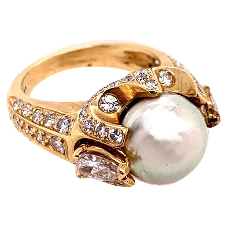 Retro Gold 3 Carat Cocktail Ring Natural Diamonds and Pearl Gem, circa 1960