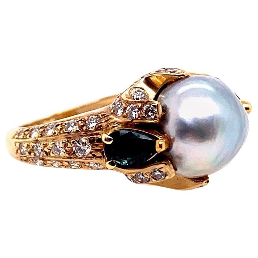 Retro Gold 3 Carat Cocktail Ring Natural Diamonds Sapphire and Pearl, circa 1960