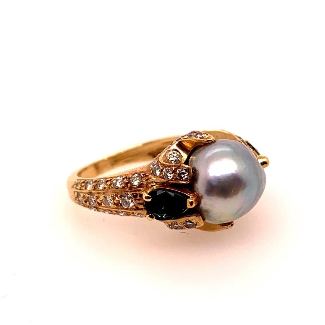 Retro Gold 3 Karat Cocktail Ring Natürliche Diamanten Saphir und Perle, um 1960 Damen im Angebot