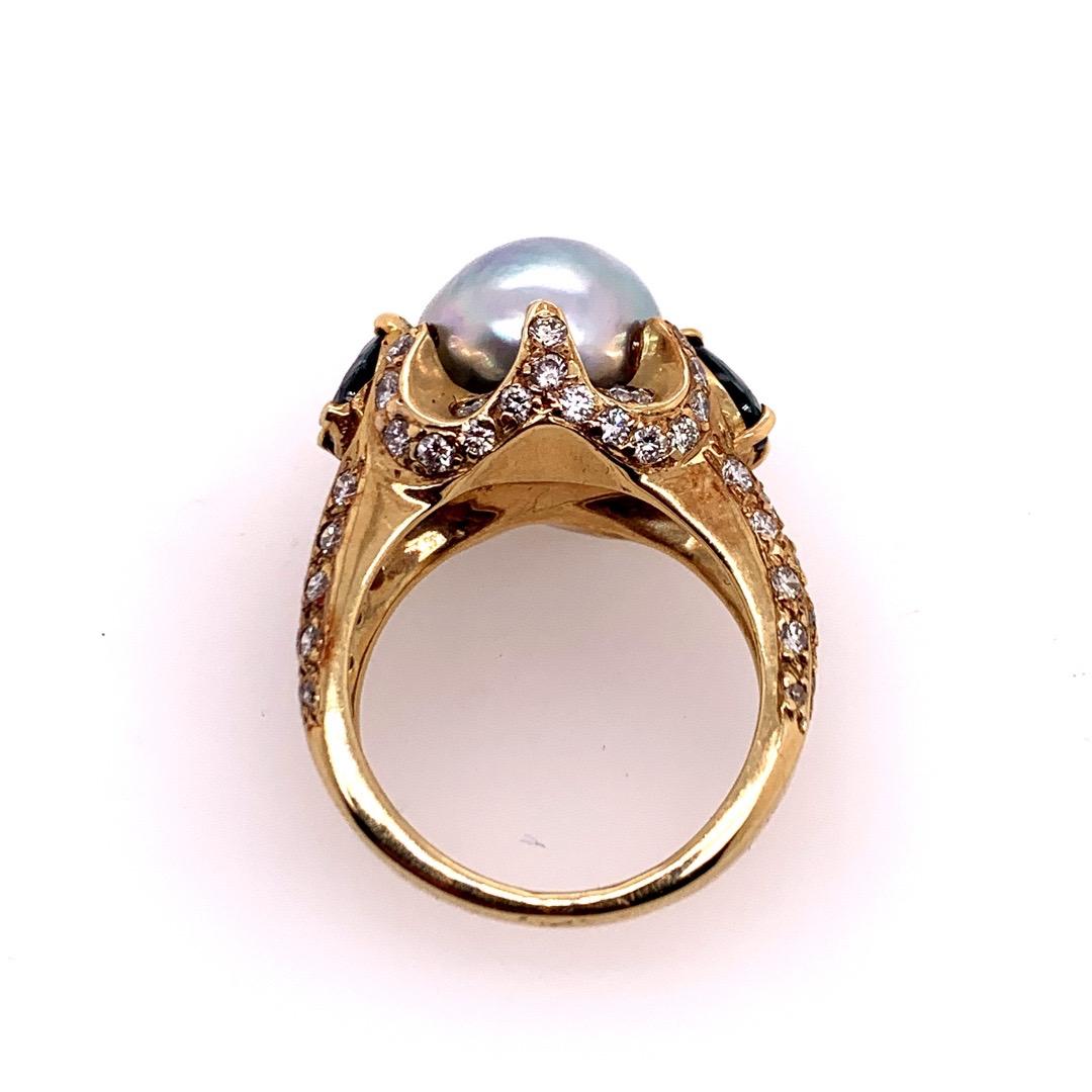 Retro Gold 3 Carat Cocktail Ring Natural Diamonds Sapphire and Pearl, circa 1960 In Good Condition For Sale In Los Angeles, CA