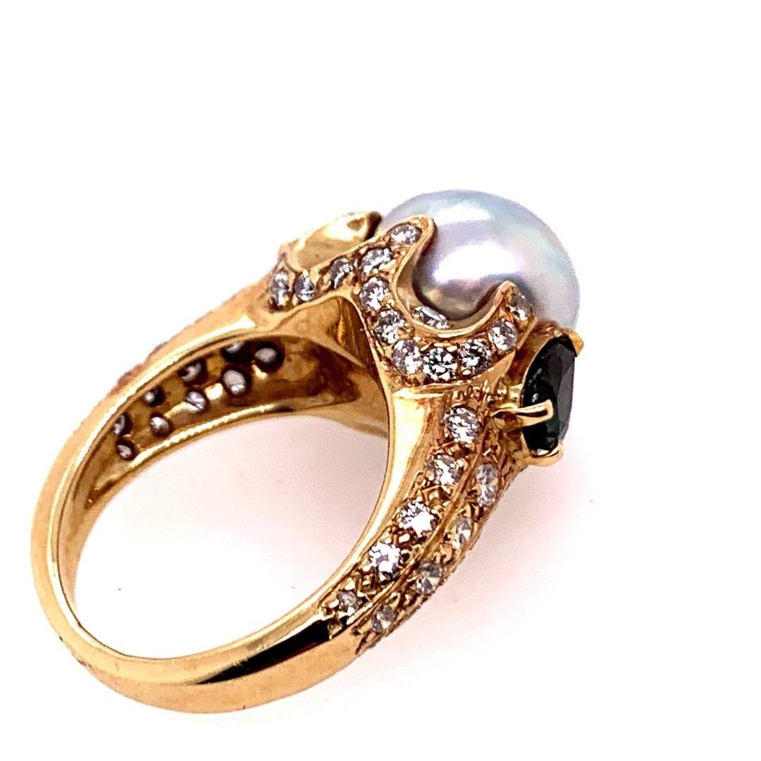 Retro Gold 3 Karat Cocktail Ring Natürliche Diamanten Saphir und Perle, um 1960 im Angebot 3
