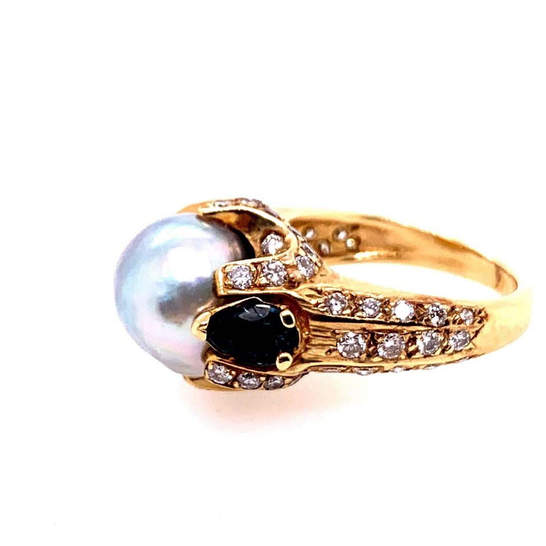 Retro Gold 3 Carat Cocktail Ring Natural Diamonds Sapphire and Pearl, circa 1960 For Sale 1
