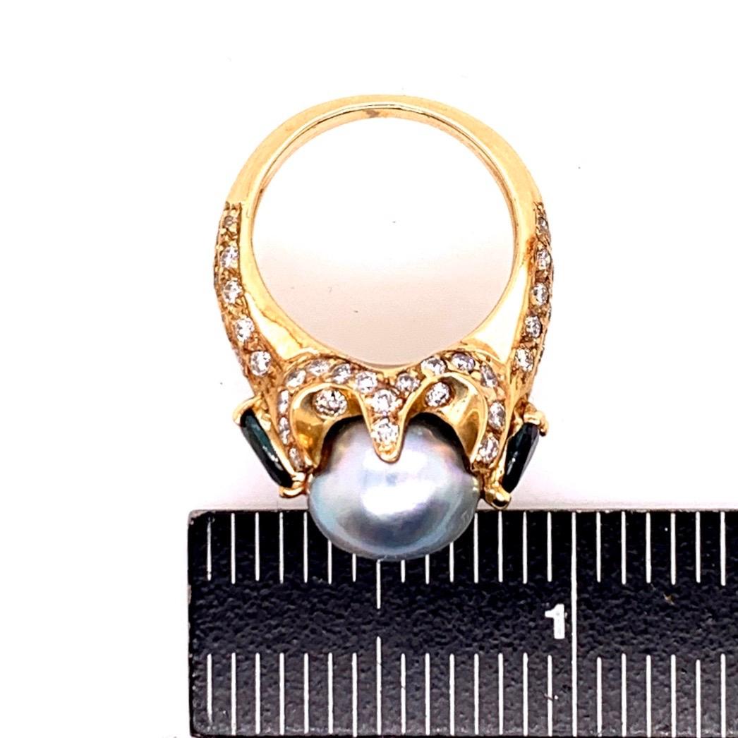 Retro Gold 3 Carat Cocktail Ring Natural Diamonds Sapphire and Pearl, circa 1960 For Sale 2