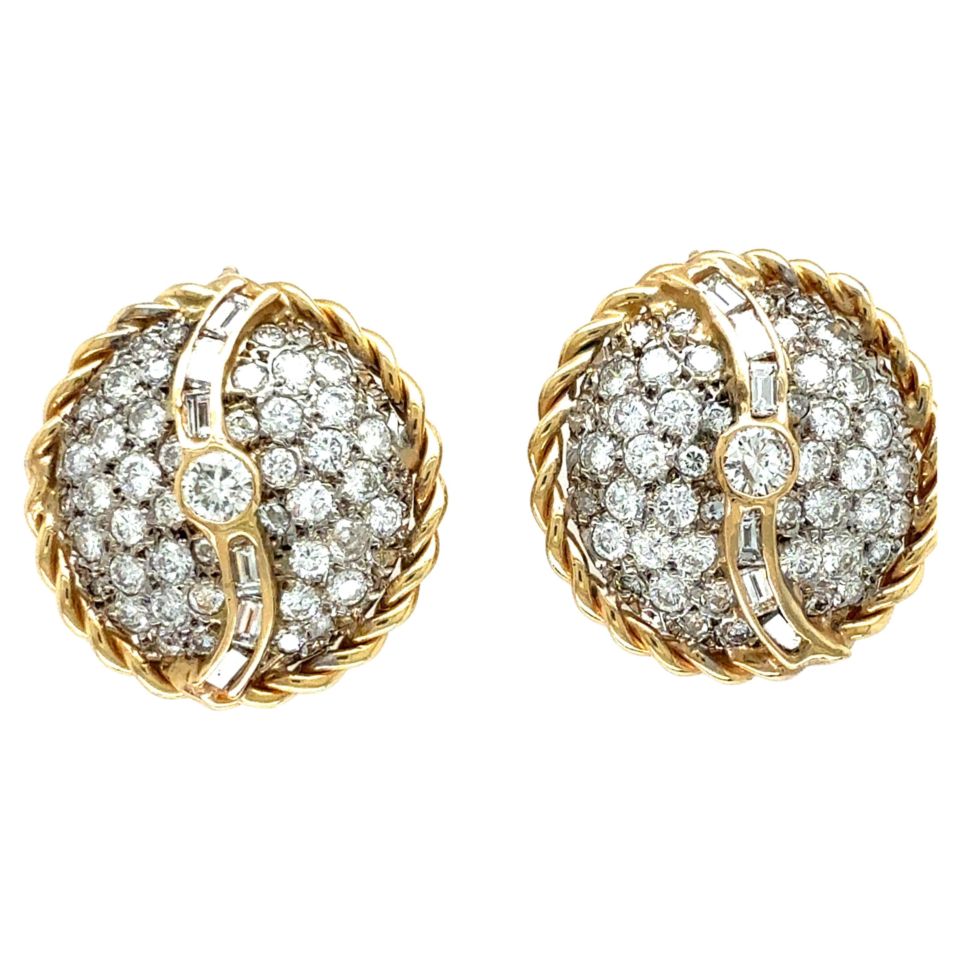 Retro Gold 3 Carat Natural Round & Baguette Colorless Diamond Earrings For Sale