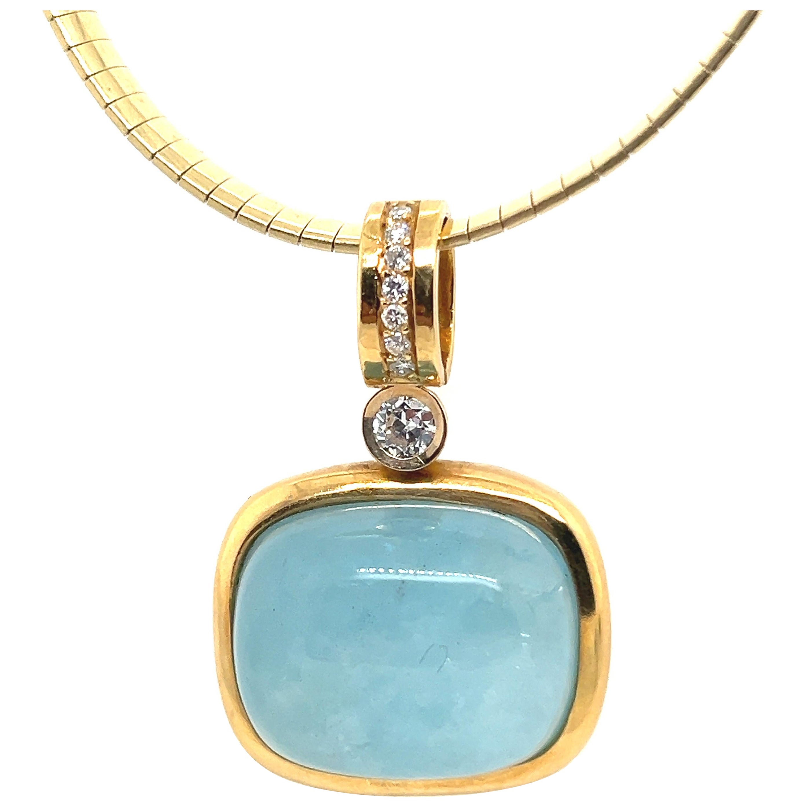 Retro Gold 30 Carat Natural CAB Aquamarine 
Colorless Diamond Pendant by Gump
s