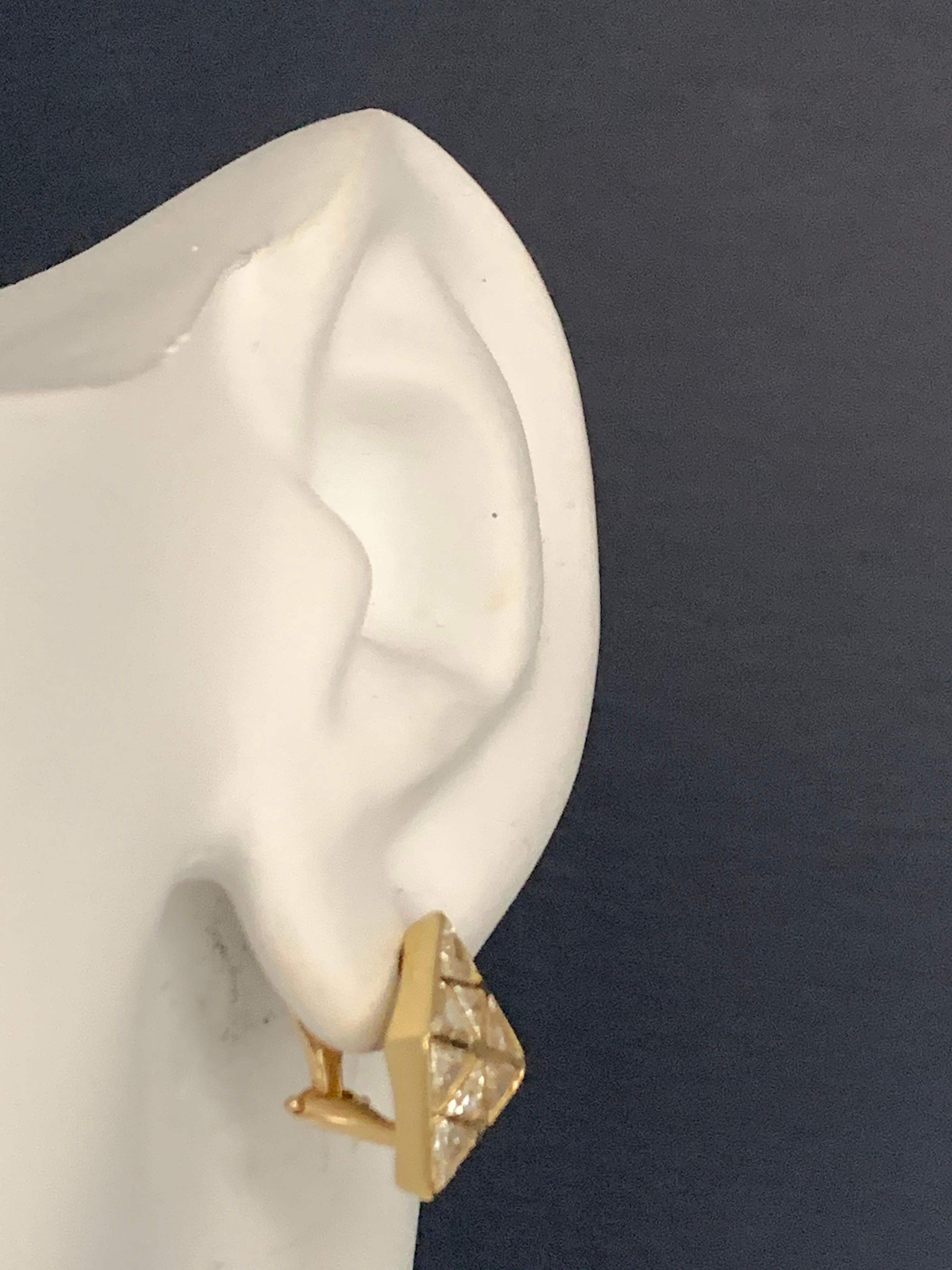 Modern Retro Gold 3.25 Carat Natural Trillion Diamond Earrings, circa 1980