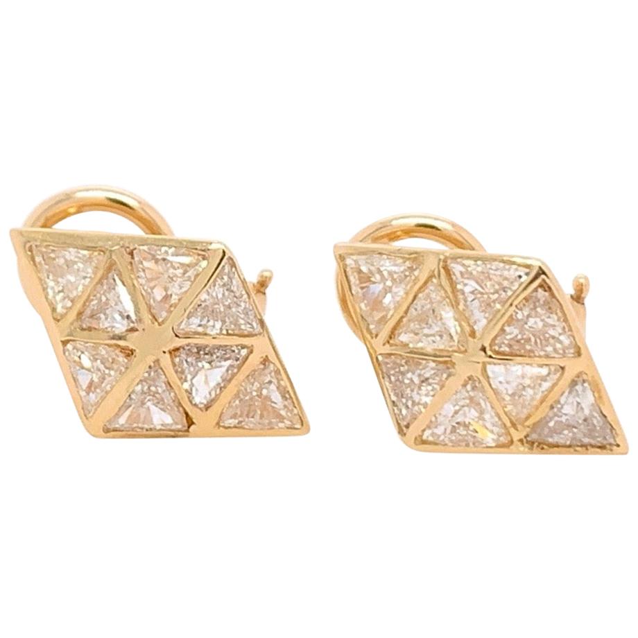 Retro Gold 3.25 Carat Natural Trillion Diamond Earrings, circa 1980