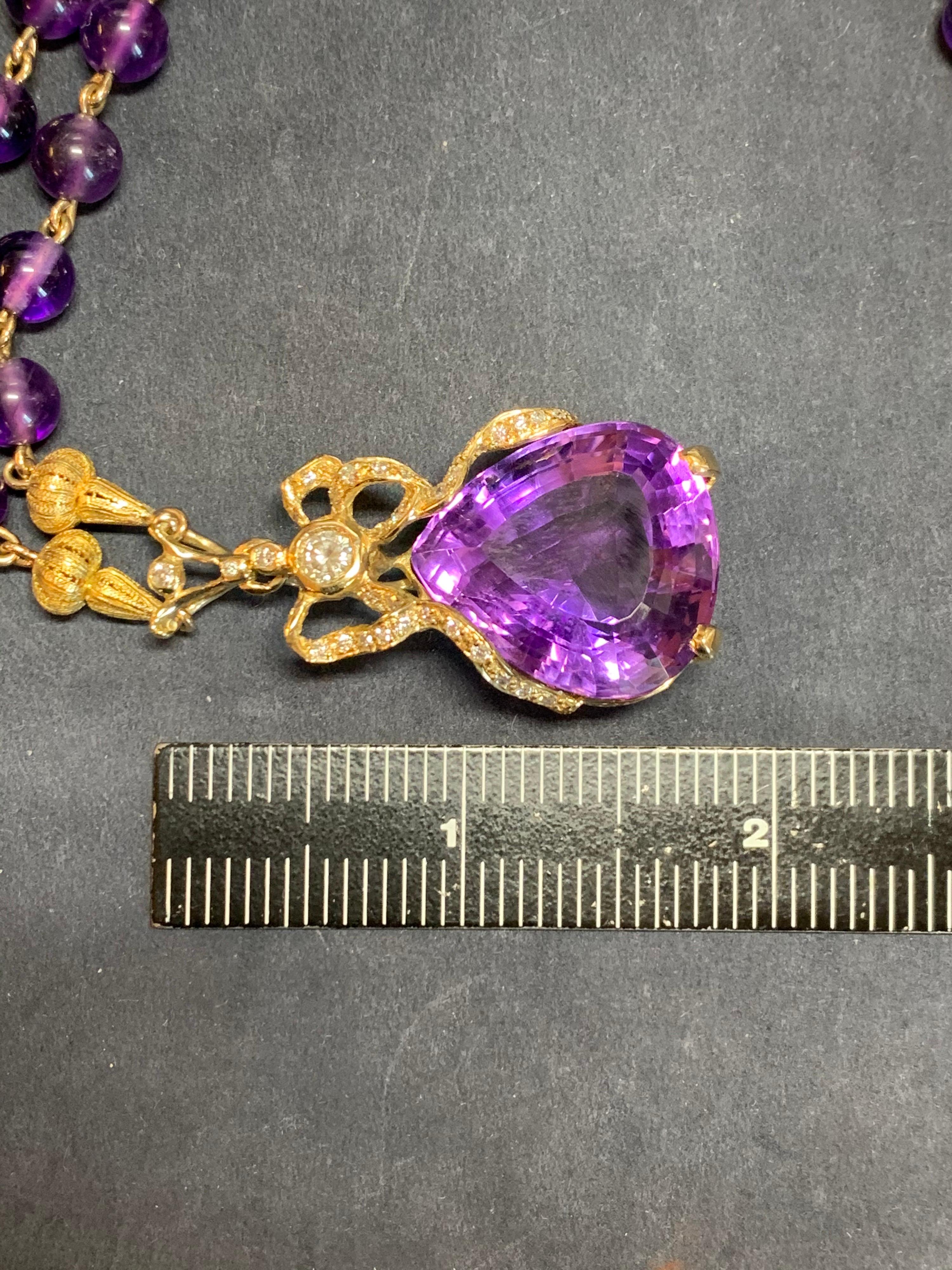Retro Gold 35 Carat Natural Amethyst and Diamond Pendant Necklace, circa 1960 For Sale 7