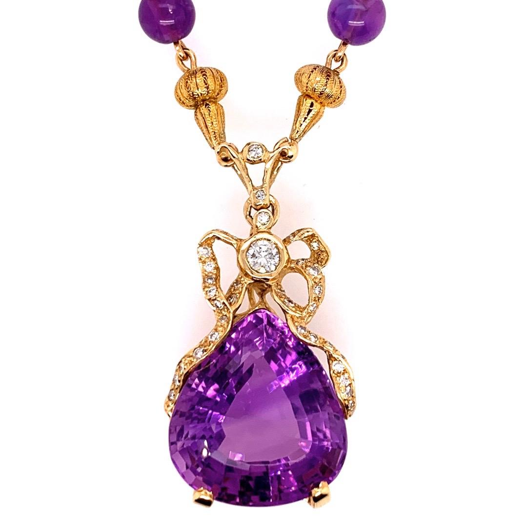 Retro Gold 35 Carat Natural Amethyst and Diamond Pendant Necklace, circa 1960 In Good Condition For Sale In Los Angeles, CA