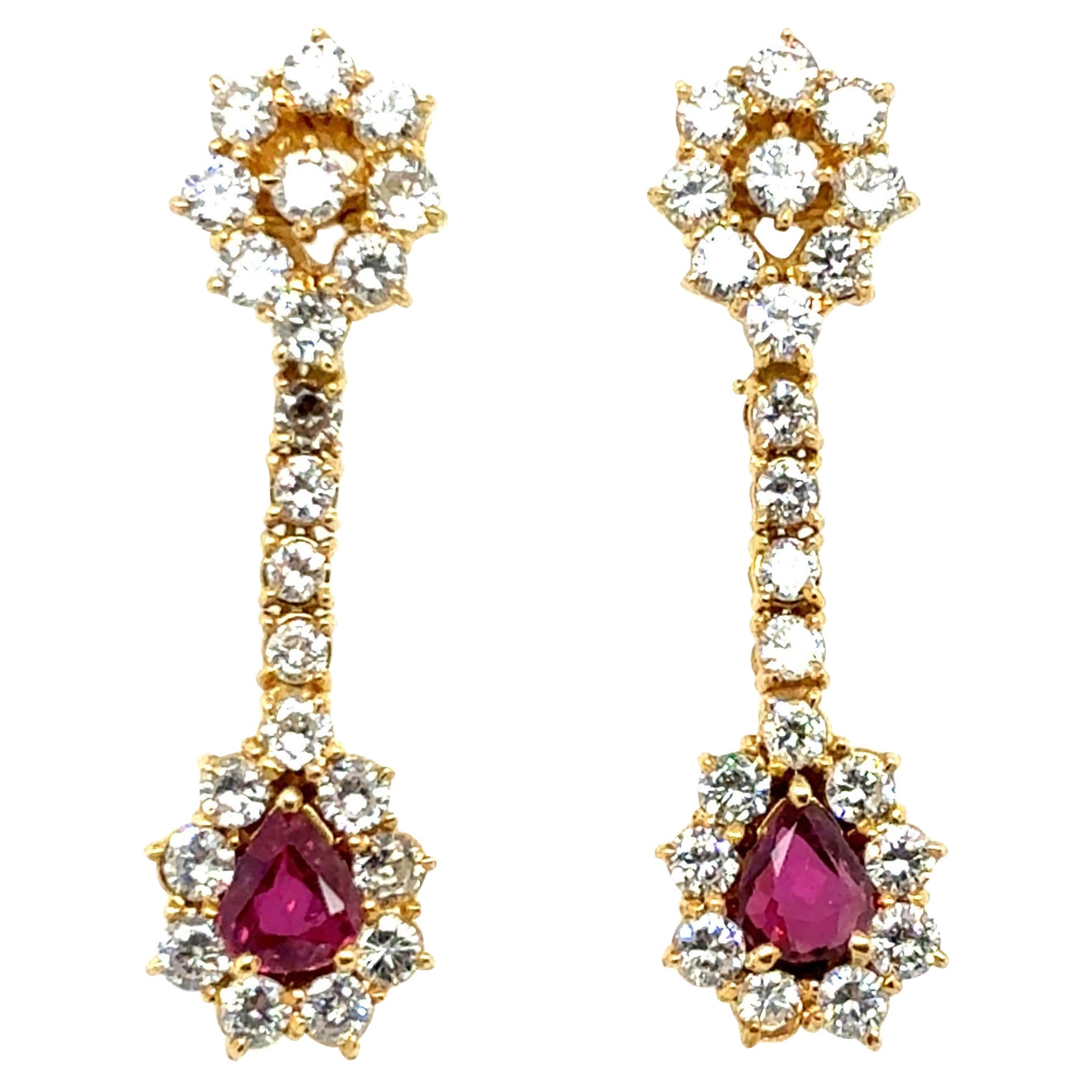 Retro Gold 4.5 Carat Natural Diamond & Thai Ruby Drop Earrings Circa 1975 in vendita