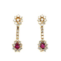 Retro Gold 4.5 Carat Natural Diamond & Thai Ruby Drop Earrings Circa 1975