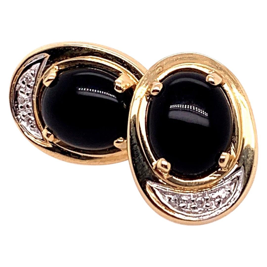 Retro Gold 4.5 Gram Natural Oval Onyx and Diamond Earrings, circa 1960