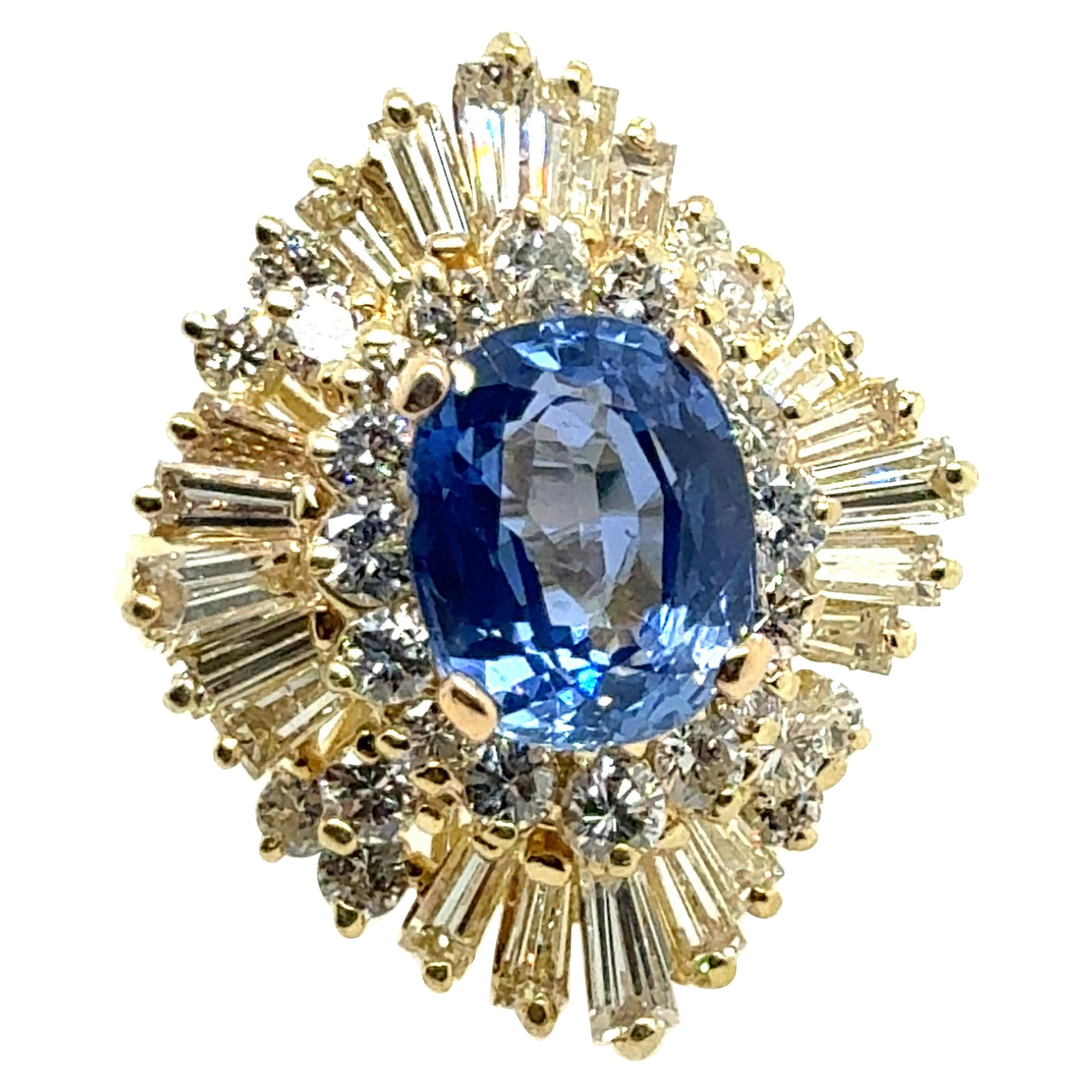 Bague Ballerine en or rétro 4,75 carats saphir bleu naturel et diamant Circa 1970