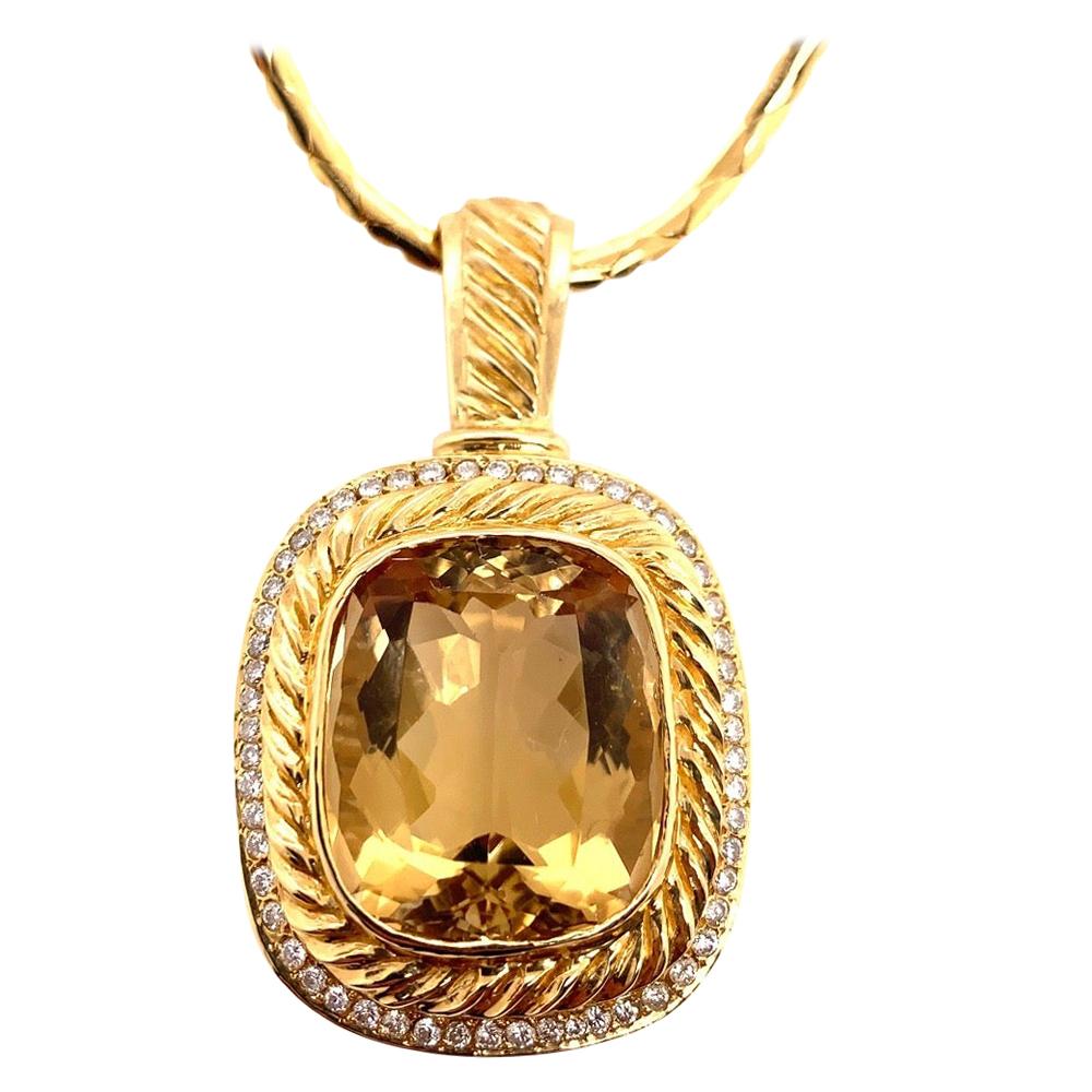 Retro Gold 50 Carat Pendant Natural Diamond and Cushion Citrine Quartz Gem Stone