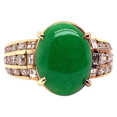 GIA Certified 3.47 Carat Natural Jadeite "A" Jade & Diamond Gold Ring Circa 1950