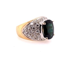 Retro Gold 5.5 Carat Natural Dark Blue Sapphire & Diamond Cocktail Gem Ring 1950