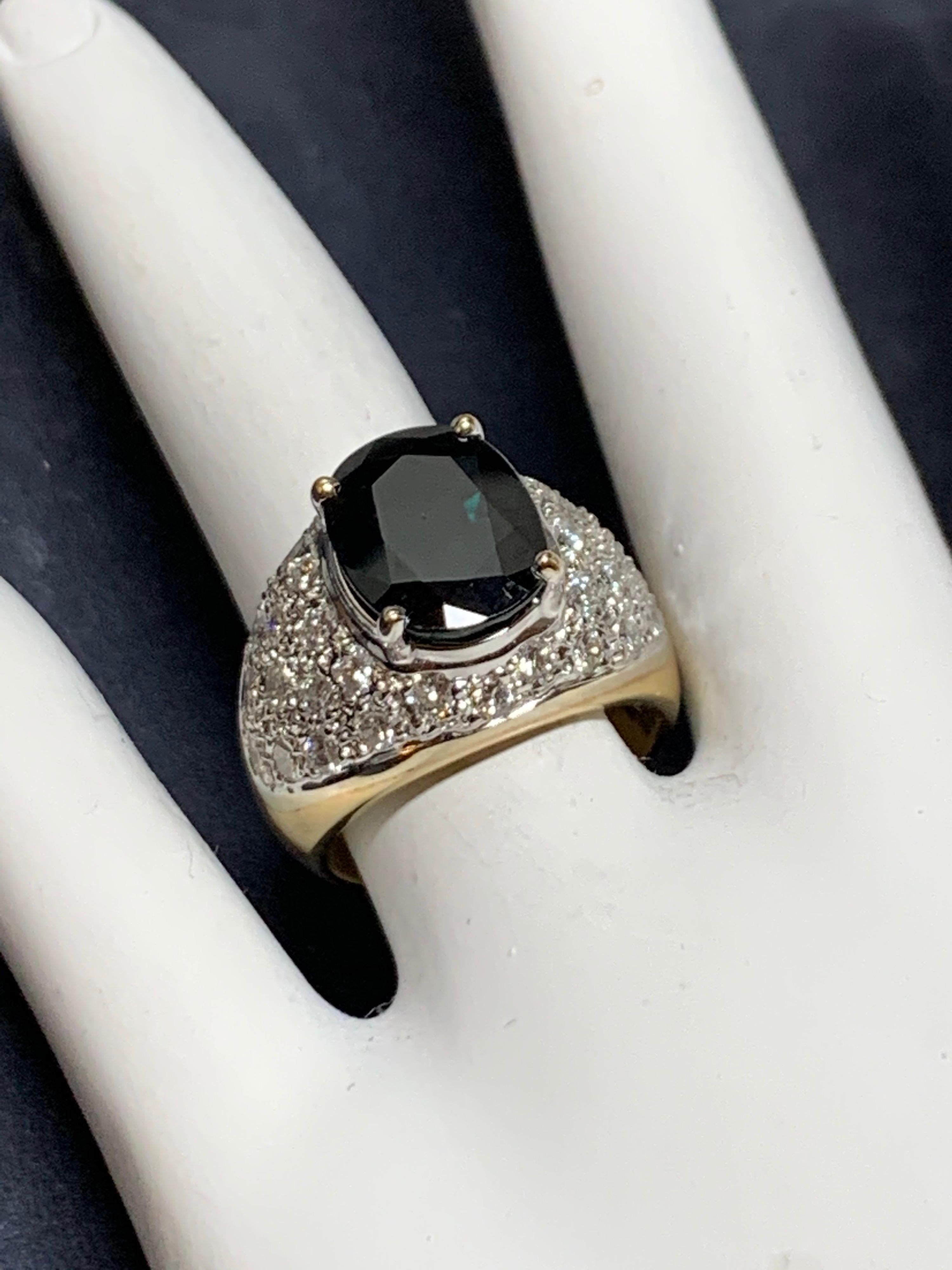 Retro Gold 5.5 Carat Natural Dark Blue Sapphire & Diamond Cocktail Gem Ring 1950 In Good Condition For Sale In Los Angeles, CA