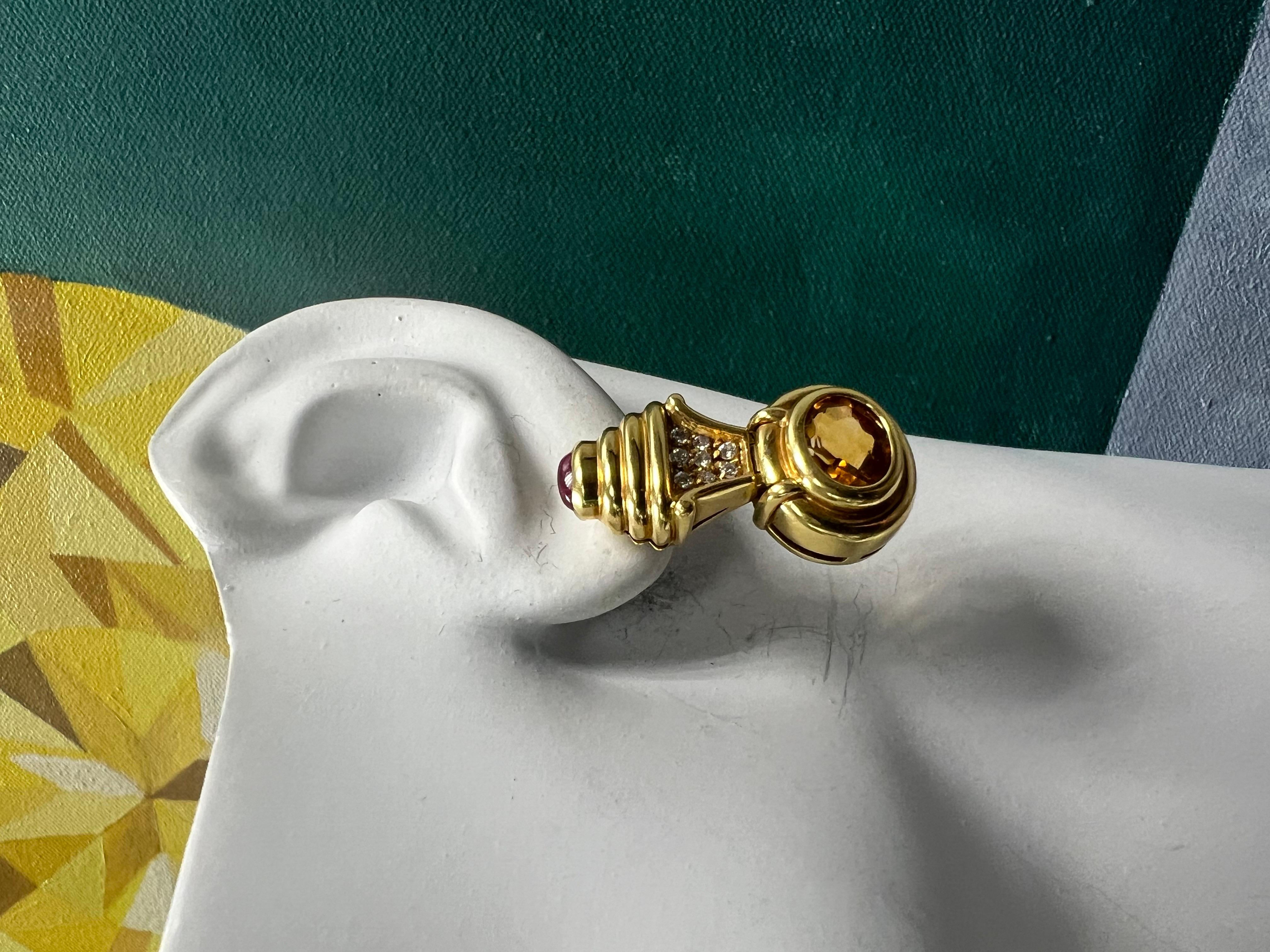 Oval Cut Retro Gold 6 Carat Natural Diamond, Rubellite Cab & Citrine Earrings Circa  1980 For Sale