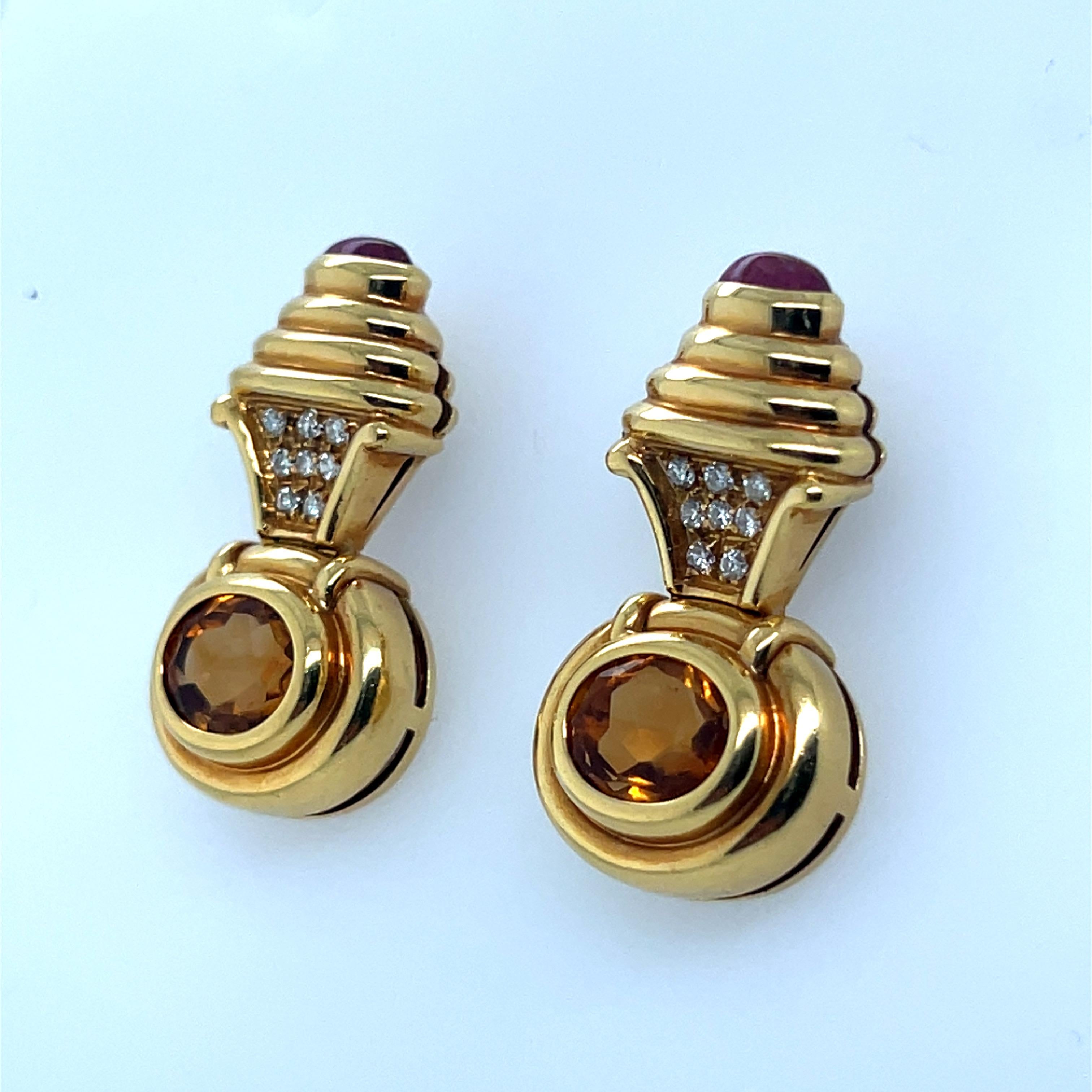Retro Gold 6 Carat Natural Diamond, Rubellite Cab & Citrine Earrings Circa  1980 In Good Condition For Sale In Los Angeles, CA