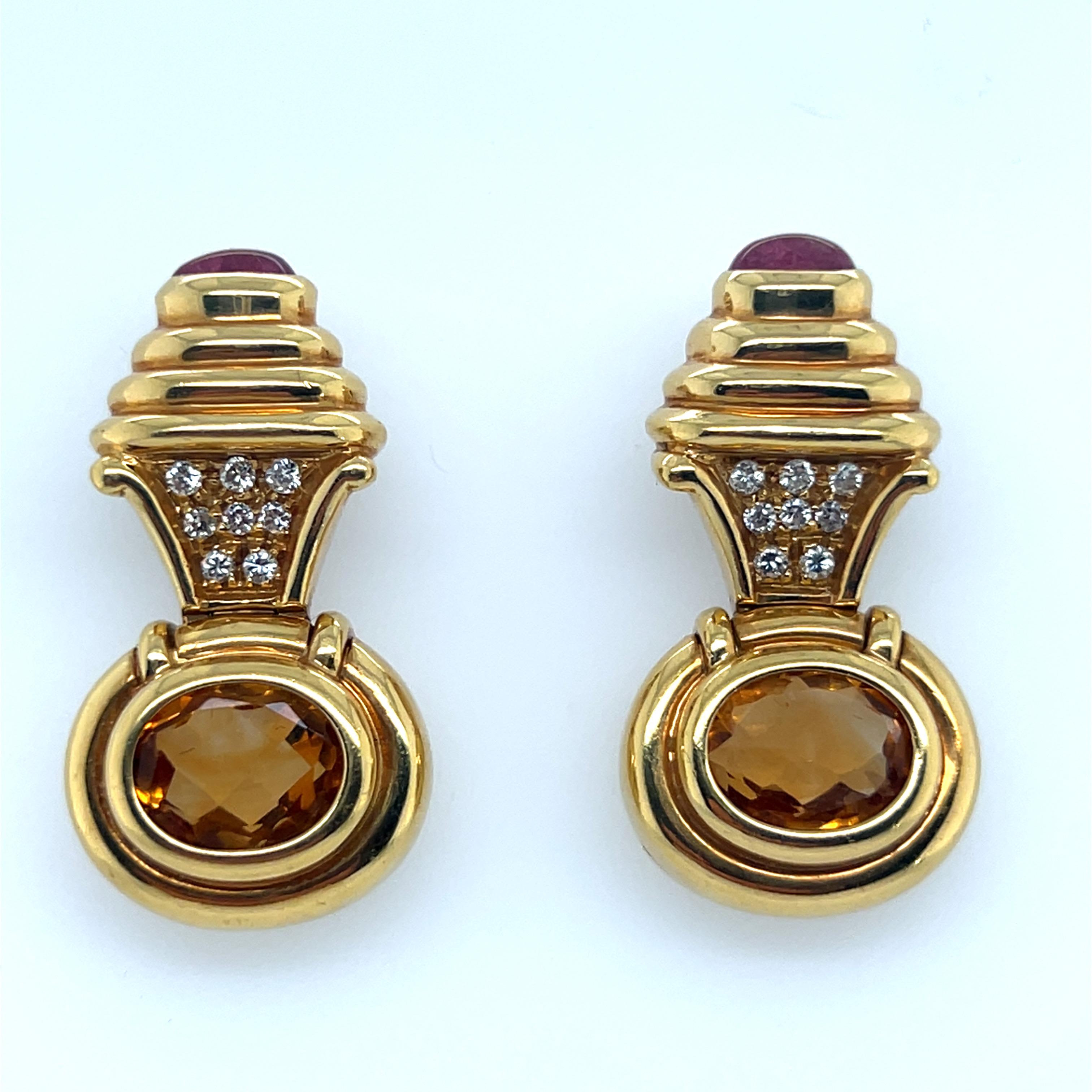 Women's Retro Gold 6 Carat Natural Diamond, Rubellite Cab & Citrine Earrings Circa  1980 For Sale
