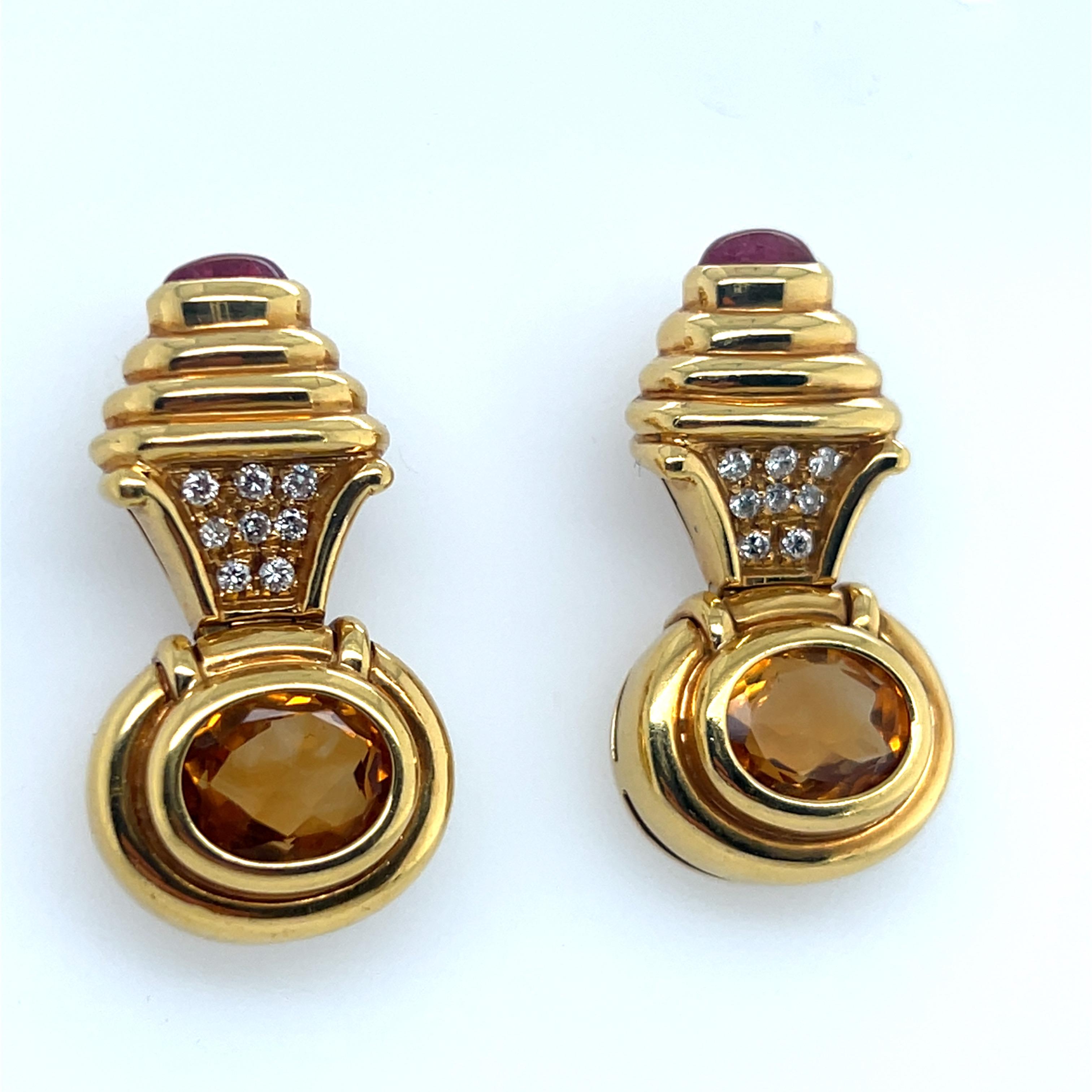 Retro Gold 6 Carat Natural Diamond, Rubellite Cab & Citrine Earrings Circa  1980 For Sale 1