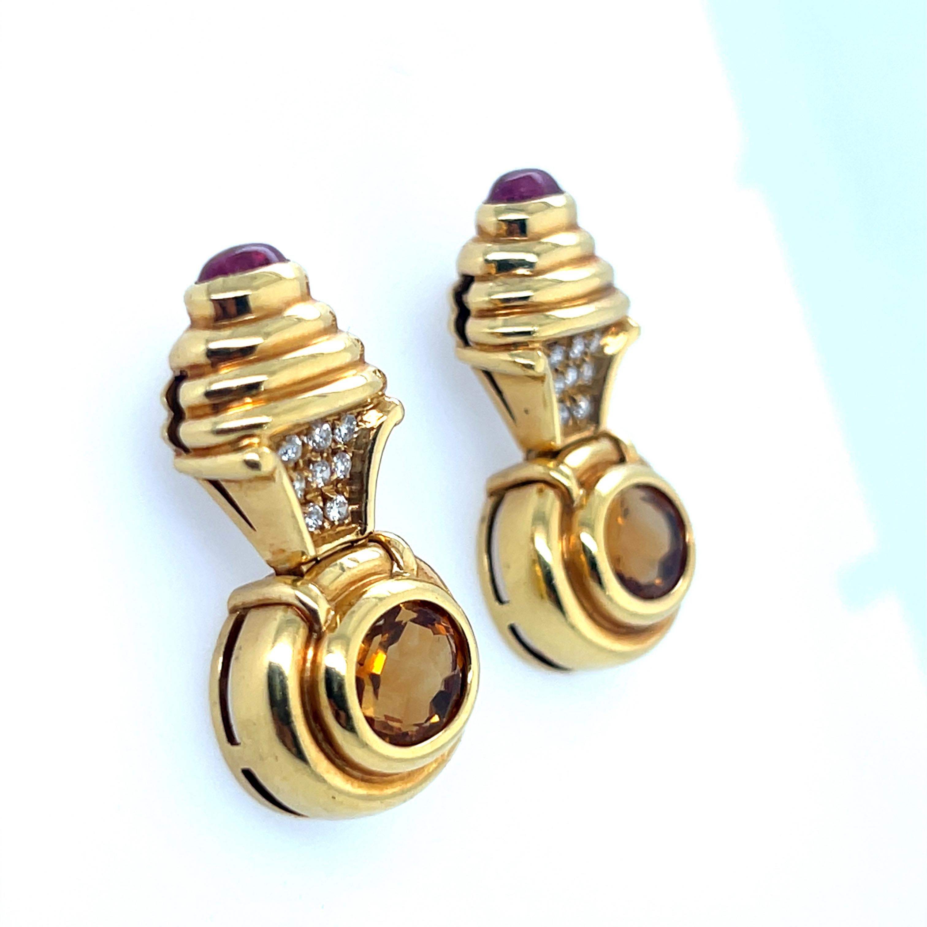 Retro Gold 6 Carat Natural Diamond, Rubellite Cab & Citrine Earrings Circa  1980 For Sale 2