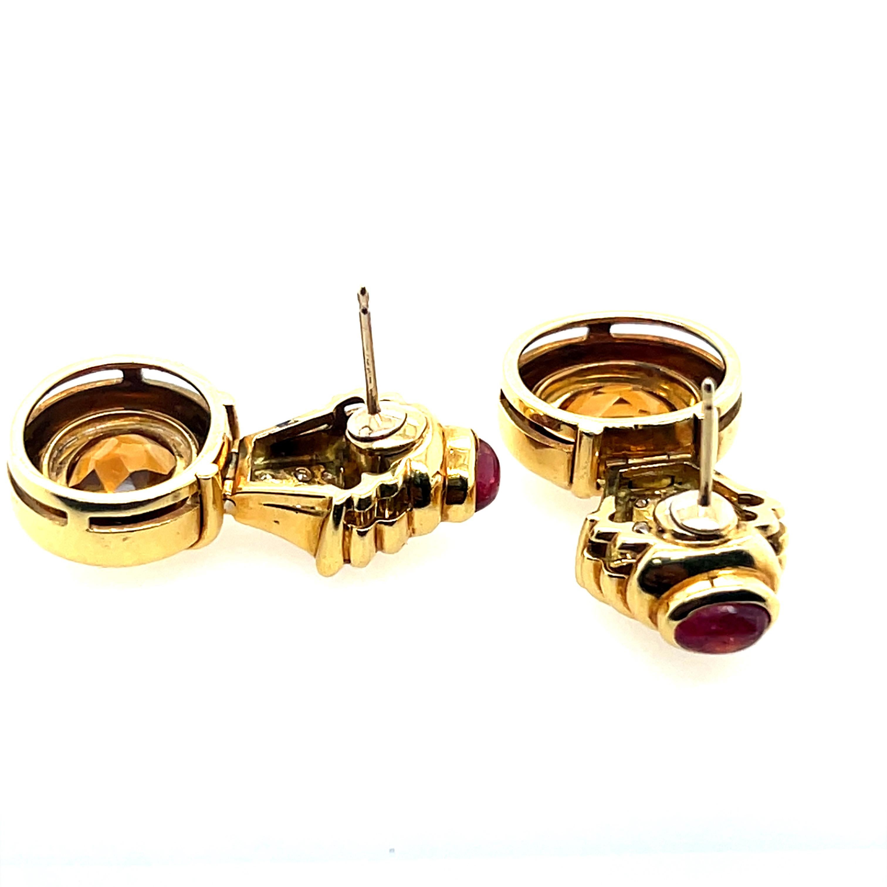 Retro Gold 6 Carat Natural Diamond, Rubellite Cab & Citrine Earrings Circa  1980 For Sale 3