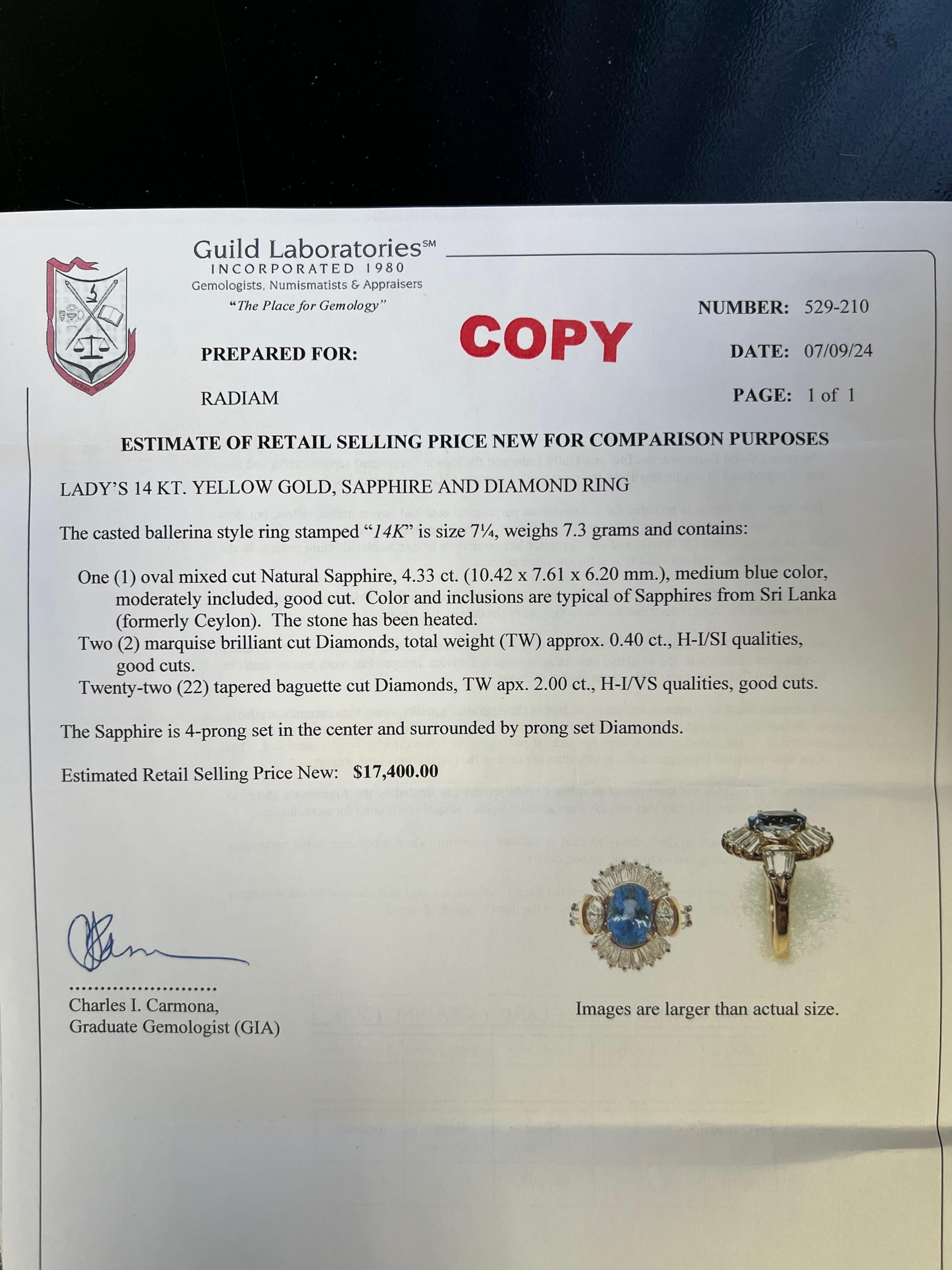 Retro Gold 6.77 Carat Certified Natural Blue Sapphire Diamond Cocktail Ring 1960 For Sale 7